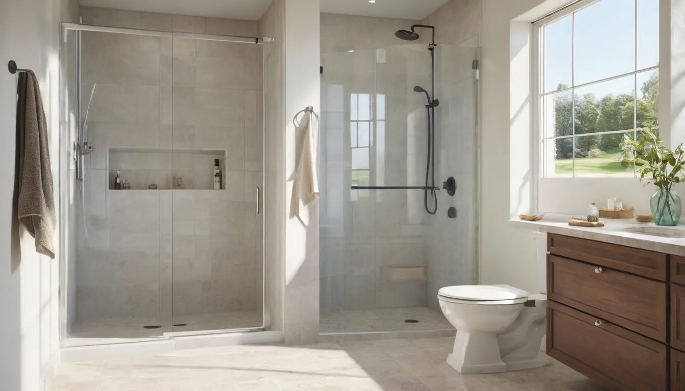 A friendly provider showing a homeowner a new low-step shower in a bathroom in Eagle Harbor
