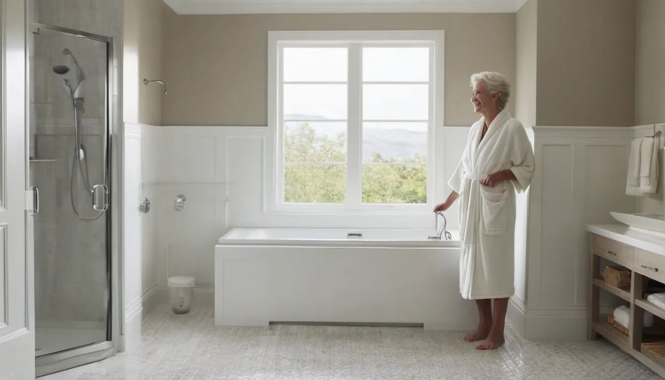 A walk-in tub with a low side door and grab bars in a bright home bathroom in the Eagle Harbor area